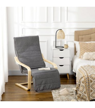 Lounge Chair Recliner Dark Grey Adjustable Footrest Wooden Frame Padded Seat