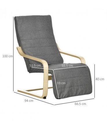 Lounge Chair Recliner Dark Grey Adjustable Footrest Wooden Frame Padded Seat