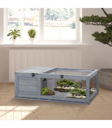 Tortoise House with Mesh Roof, Small Pet Reptile Wooden House, Grey