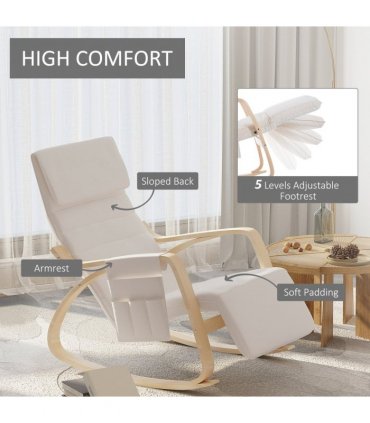 Rocking Chair Recliner Armchair with Adjustable Footrest, Cream White