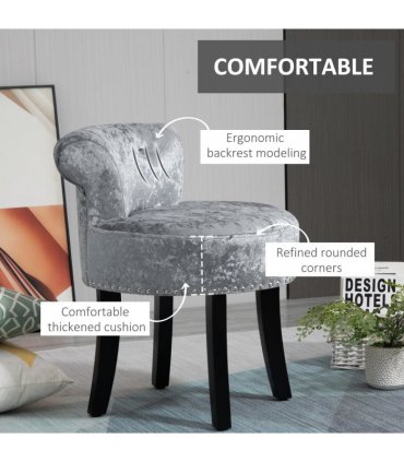 Dressing Table Stool Vanity Seat w/ Rubber Wood Legs Bedroom - Grey
