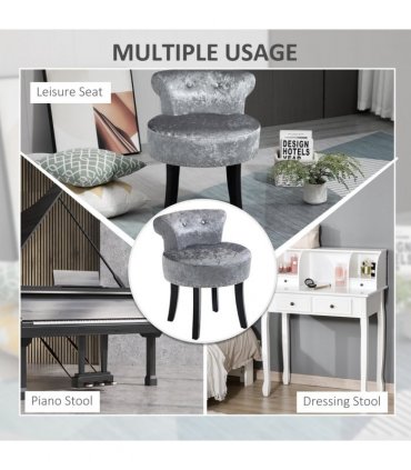 Dressing Table Stool Vanity Seat w/ Rubber Wood Legs Bedroom - Grey