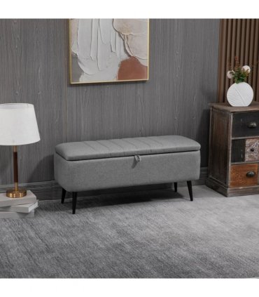 Storage Ottoman Bench, Linen Fabric Footstool with Steel Legs Grey