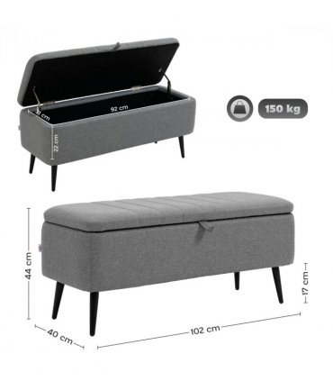 Storage Ottoman Bench, Linen Fabric Footstool with Steel Legs Grey