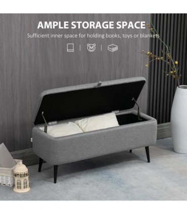 Storage Ottoman Bench, Linen Fabric Footstool with Steel Legs Grey