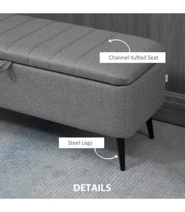 Storage Ottoman Bench, Linen Fabric Footstool with Steel Legs Grey