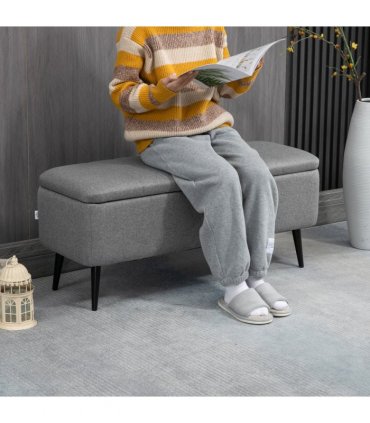 Storage Ottoman Bench, Linen Fabric Footstool with Steel Legs Grey