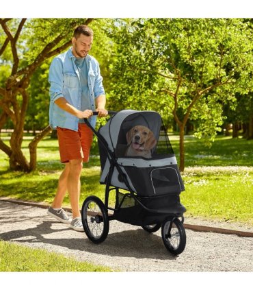 3 Wheel Pet Stroller, for Medium Small Dogs, Foldable Cat Pram - Grey