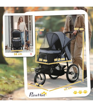 3 Wheel Pet Stroller, for Medium Small Dogs, Foldable Cat Pram - Grey