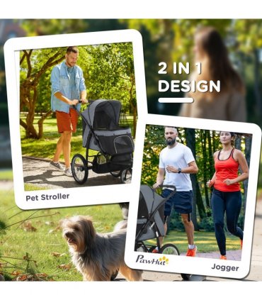 3 Wheel Pet Stroller, for Medium Small Dogs, Foldable Cat Pram - Grey