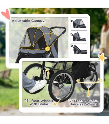3 Wheel Pet Stroller, for Medium Small Dogs, Foldable Cat Pram - Grey
