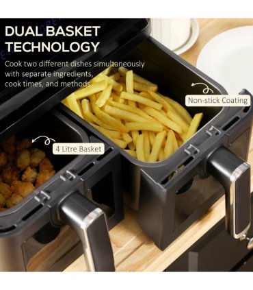 Air Fryer 8L Family Size Black Dual 2 Basket 8 Presets Cookbook Timer 2500W