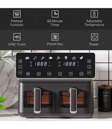 Air Fryer 8L Family Size Black Dual 2 Basket 8 Presets Cookbook Timer 2500W