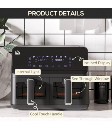 Air Fryer 8L Family Size Black Dual 2 Basket 8 Presets Cookbook Timer 2500W