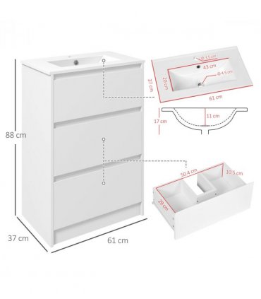 600mm Bathroom Vanity Unit w/ 1 Tap Hole Basin Drawers Gloss White