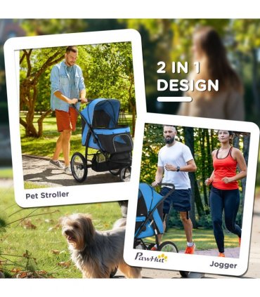 Pet Stroller - 3 Wheel, Medium Small Dogs, Foldable Cat Pram - Blue