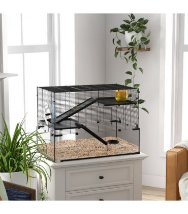 3 Tiers Hamster Cage w/ Deep Glass Bottom, Dish, Hut, 78.5 x 48.5 x 57cm