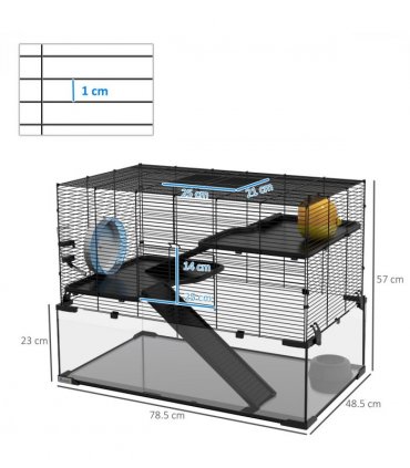 3 Tiers Hamster Cage w/ Deep Glass Bottom, Dish, Hut, 78.5 x 48.5 x 57cm