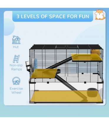 3 Tiers Hamster Cage w/ Deep Glass Bottom, Dish, Hut, 78.5 x 48.5 x 57cm