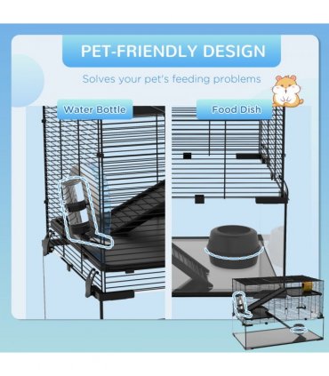 3 Tiers Hamster Cage w/ Deep Glass Bottom, Dish, Hut, 78.5 x 48.5 x 57cm