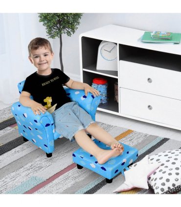 Cute Cloud Star Child Armchair Seat Wood Frame w/ Footrest Padding Blue