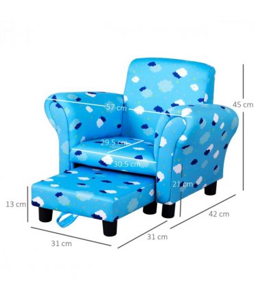 Cute Cloud Star Child Armchair Seat Wood Frame w/ Footrest Padding Blue