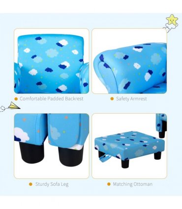 Cute Cloud Star Child Armchair Seat Wood Frame w/ Footrest Padding Blue