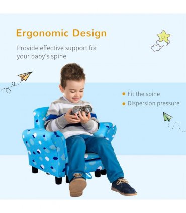 Cute Cloud Star Child Armchair Seat Wood Frame w/ Footrest Padding Blue