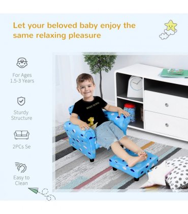 Cute Cloud Star Child Armchair Seat Wood Frame w/ Footrest Padding Blue
