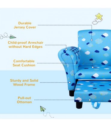 Cute Cloud Star Child Armchair Seat Wood Frame w/ Footrest Padding Blue