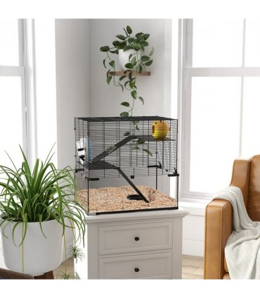 3 Tiers Hamster Cage w/ Deep Glass Bottom, Dish, Hut, 60 x 40 x 57cm