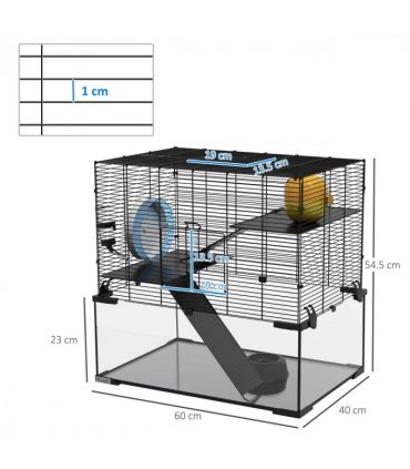 3 Tiers Hamster Cage w/ Deep Glass Bottom, Dish, Hut, 60 x 40 x 57cm