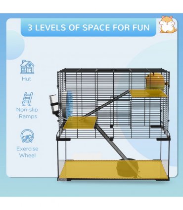 3 Tiers Hamster Cage w/ Deep Glass Bottom, Dish, Hut, 60 x 40 x 57cm
