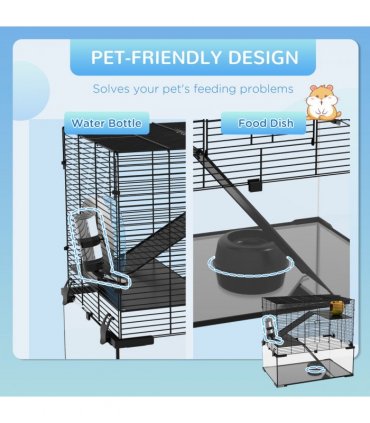 3 Tiers Hamster Cage w/ Deep Glass Bottom, Dish, Hut, 60 x 40 x 57cm