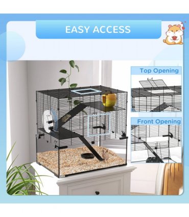 3 Tiers Hamster Cage w/ Deep Glass Bottom, Dish, Hut, 60 x 40 x 57cm