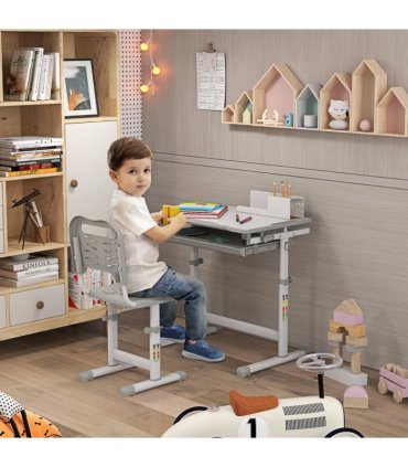 Kids Desk and Chair Set Adjustable Tiltable w/ Drawer, Pen Slot, Hook