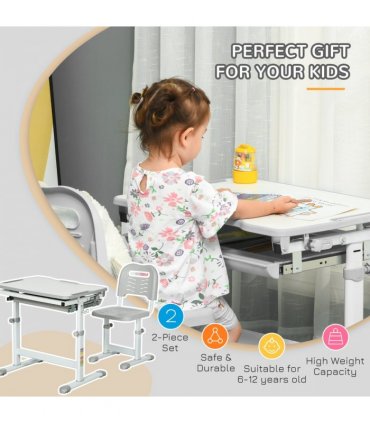 Kids Desk and Chair Set Adjustable Tiltable w/ Drawer, Pen Slot, Hook