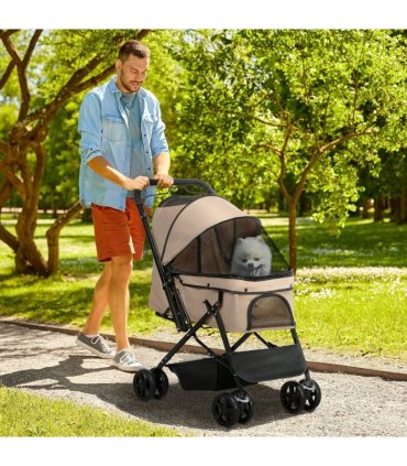Pet Stroller Dog Foldable Travel Carriage with Reversible Handle, Brown