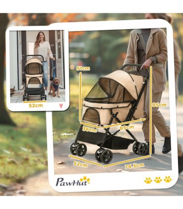 Pet Stroller Dog Foldable Travel Carriage with Reversible Handle, Brown