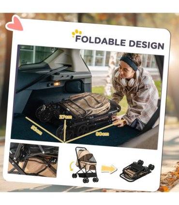 Pet Stroller Dog Foldable Travel Carriage with Reversible Handle, Brown