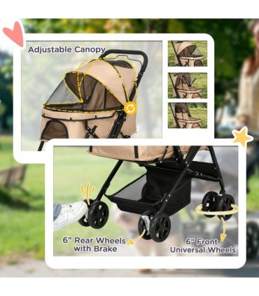 Pet Stroller Dog Foldable Travel Carriage with Reversible Handle, Brown