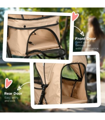 Pet Stroller Dog Foldable Travel Carriage with Reversible Handle, Brown