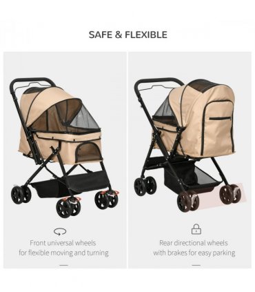 Pet Stroller Dog Foldable Travel Carriage with Reversible Handle, Brown