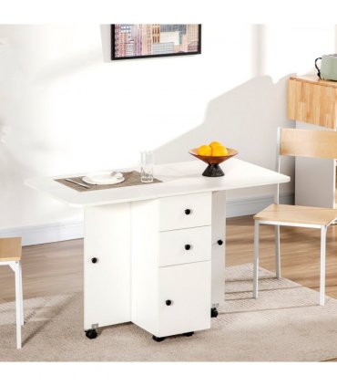 Folding Dining Table, Drop Leaf Table With Storage Drawers White