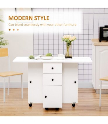 Folding Dining Table, Drop Leaf Table With Storage Drawers White