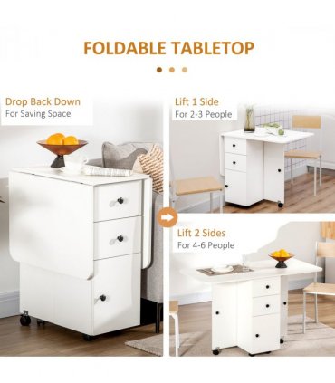 Folding Dining Table, Drop Leaf Table With Storage Drawers White