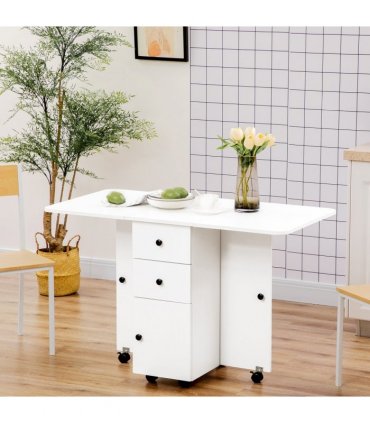 Folding Dining Table, Drop Leaf Table With Storage Drawers White