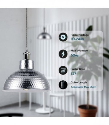 Ceiling Pendant Light Vintage Industrial Chrome Metal Shade Hanging Lamp