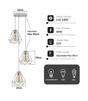 3 Head Round Base Chrome Vintage Metal 20cm Diamond Wire Cage E27 Base Ceiling Pendant Light Fitting