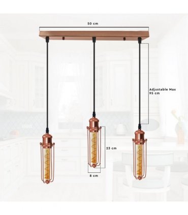 3 Head Rectangle Rose Gold Ceiling E27 Pendant Light with Wire Cage, Industrial Vintage Hanging Lamp Fixture